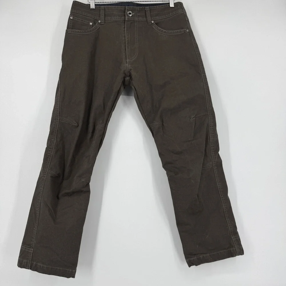 Kuhl Hot Rydr Flannel Lined Pants Green Brown Mens 34x30 Hiking Workwear